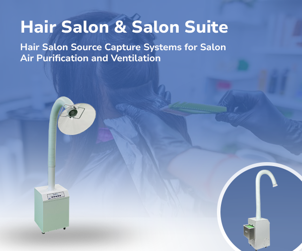 A modern fume extractor/source capture system designed for hair salons and cosmetology schools, showcasing its sleek design and powerful ventilation capabilities for removing chemical fumes and improving air quality in training and salon environments.