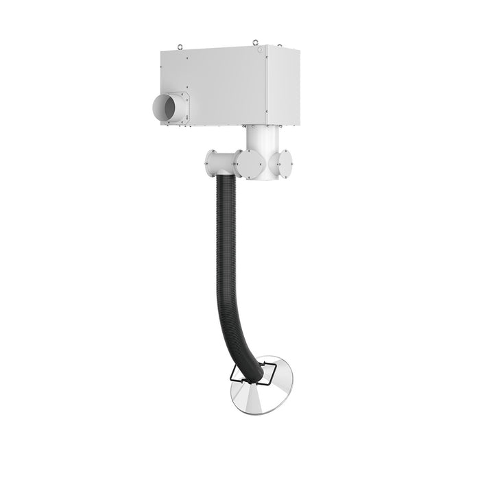 Ceiling-mounted fume extractor with flexible hose arm for capturing airborne pollutants at the source in commercial, studio, salon or laboratory settings. Back side view. Black hose option.