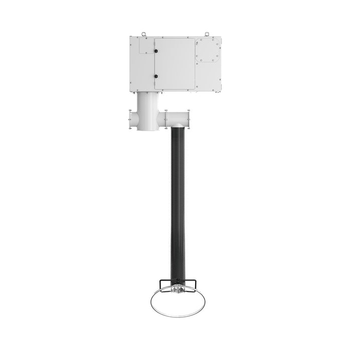 Ceiling-mounted fume extractor with flexible hose arm for capturing airborne pollutants at the source in commercial, studio, salon or laboratory settings. Front view. Black hose option.