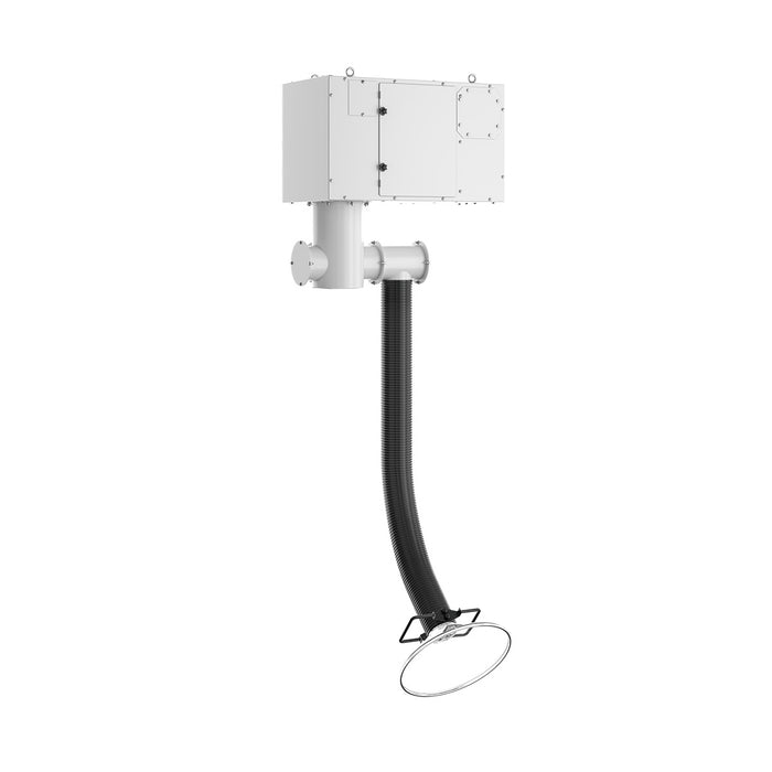 Ceiling-mounted fume extractor with flexible hose arm for capturing airborne pollutants at the source in commercial, studio, salon or laboratory settings. Front side view. Black hose option.