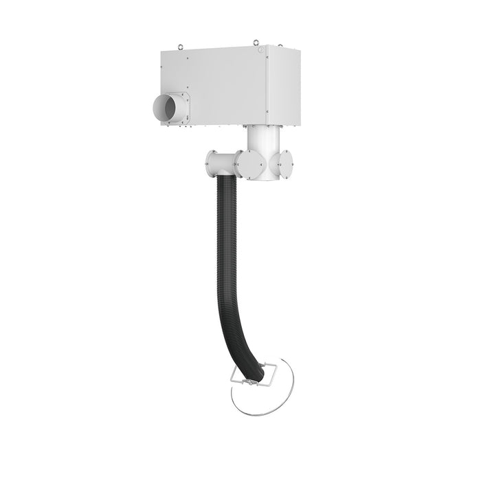 
  
  Ceiling-mounted fume extractor with flexible hose arm for capturing airborne pollutants at the source in commercial, studio, salon or laboratory settings
  
