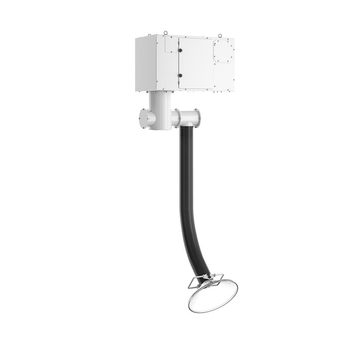 
  
  Ceiling-mounted fume extractor with flexible hose arm for capturing airborne pollutants at the source in commercial, studio, salon or laboratory settings
  

