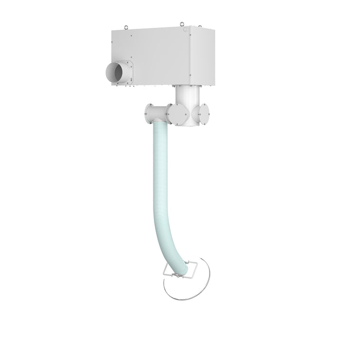 
  
  Ceiling-mounted fume extractor with flexible hose arm for capturing airborne pollutants at the source in commercial, studio, salon or laboratory settings
  
