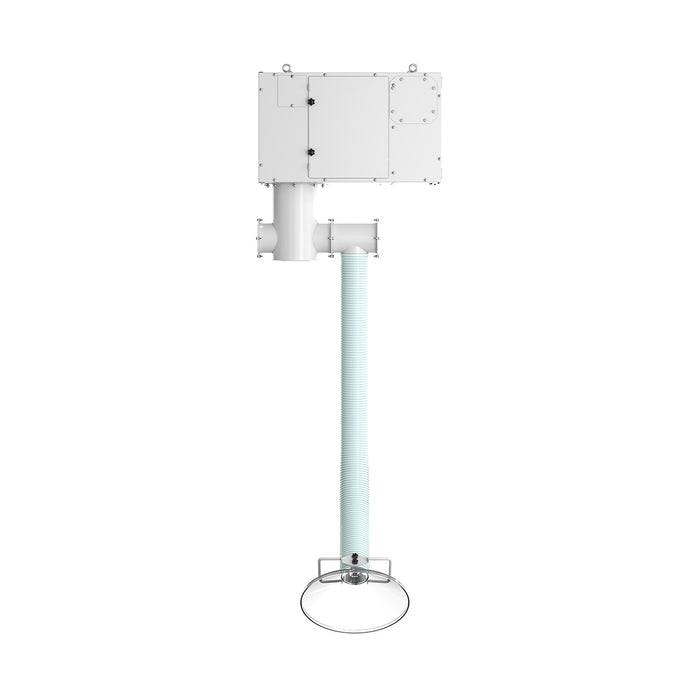 
  
  Ceiling-mounted fume extractor with flexible hose arm for capturing airborne pollutants at the source in commercial, studio, salon or laboratory settings
  
