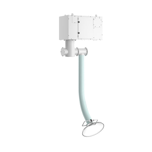 
  
  Ceiling-mounted fume extractor with flexible hose arm for capturing airborne pollutants at the source in commercial, studio, salon or laboratory settings
  
